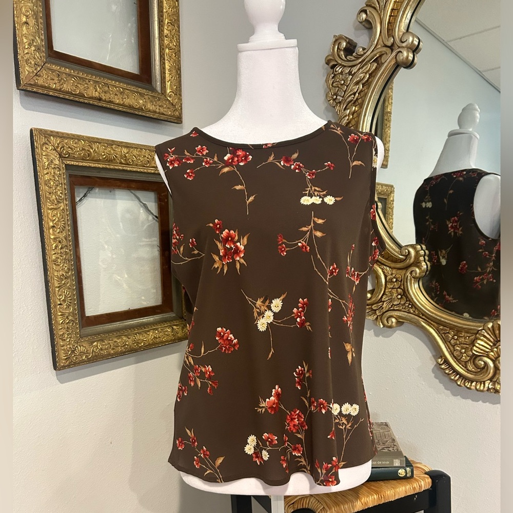 Rena Rowan Brown Floral Sleeveless Blouse size 12